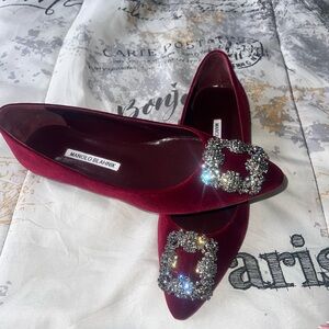 Manolo Blahnik Red Velvet Flats with Crystal Embellishment
